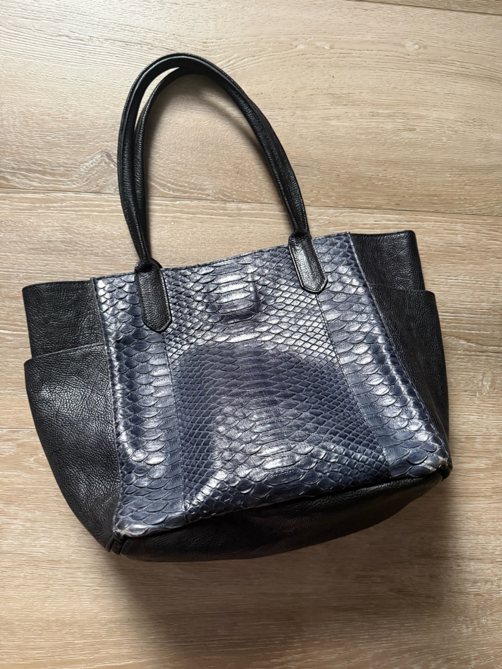 B. may genuine leather tote bag python snake navy black